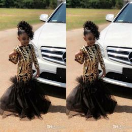 2019 Black and Gold Mermaid Flower Girl Dresses With Sequins Lace Ruffle Train Girls Pageant Dress Plus Size Formal Little Prom Pa271E