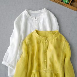 Women's Blouses 106cm Bust 59cm Length / Spring Summer Women Yellow White Loose Embroidered Comfy Water Washed Thin Light Ramie