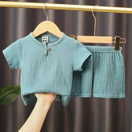 Clothing Sets 0-5Y Boys Girls Clothing Sets Summer Solid Cotton Linen T-shirtsElasctic Shorts Kids Clothes Casual Clothing Sets for Children 230720