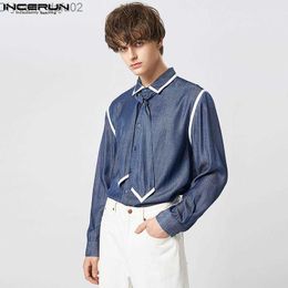 Men's Sweaters Men's Shirt Patch Work Tie Lapel Long Sleeve Button 2023 Elegant Fashion Men's Shirt Loose Street Clothing Spring Camisas S-5XL Z230721