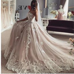 2021 Vintage Wedding Dresses Champagne Blush Sweetheart Sleeveless Tulle Lace Applique Wedding Bridal Gowns Lace Up Back vestido d260O