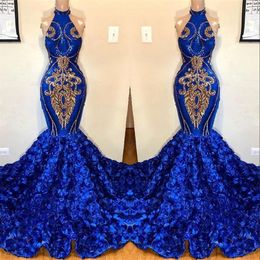 Royal Blue Mermaid Prom Dresses 2019 Halter Lace Appliqued Gorgeous 3D Floral Skirt Prom Party Evening Gowns For Black Girls BC121287L