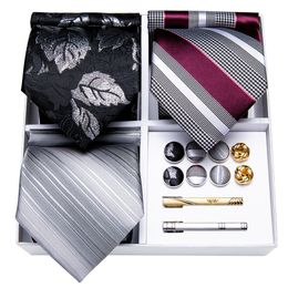 Neck Ties Silver Leaves Black For Men 100 Silk Business Formal Striped Tie Set Handkerchief Cufflinks Clip Men s Gift DiBanGu 230721