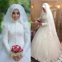 Vintage Muslim Ball Gown Wedding Dresses Long Sleeves High Neck Floral Lace Flower Bridal Gowns Saudi Arabia Islamic Wedding Dress2373