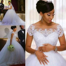 African Lace Appliques Ball Gown Wedding Dresses Short Sleeves Plus Size Gowns Bride Dresses vestido de novia256B
