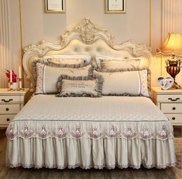 Bed Skirt Beige Microfiber Fabric Princess Lace Bedspread Bed Skirt With Cotton Warm Thick Bedding Bed Cover Pillowcase Queen King Size 230720