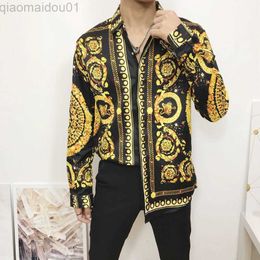 Men's Casual Shirts 2023 New Fashion Men's Dress Shirts Hipster Long Sleeve Fancy Luxury Design Baroque Floral Print Wedding Party Prom Shirts L230721