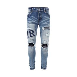 Mens jeans washed with old design letters embroidered patch casual slim skinny European and American street style324t