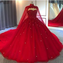 Dubai Muslim Red Wedding Dresses 2021 Beading Crystals Plus Size Bridal Gowns With Cape Gorgeous Brides Marriage Dresses Custom2885