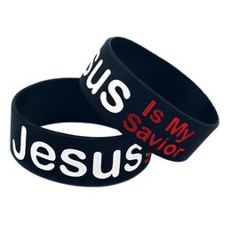 50PCS 1 Inch Wide Jesus Is My Saviour Silicone Wristband New Religious Faith Jewellery Black Adult Size250F
