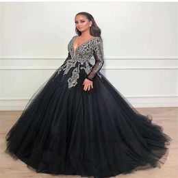 Dubai Arabic Black Evening Gown Prom Dresses V Neck Long Sleeves Sequined Beads Lace Applique Sweet 16 Dresses Quinceanera Dresses264D