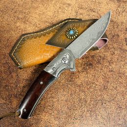 Promotion R1695 Flipper Folding Knife VG10 Damascus Steel Straight Blade Rosewood Handle Ball Bearing Fast Open EDC Pocket Knives with Leather Sheath