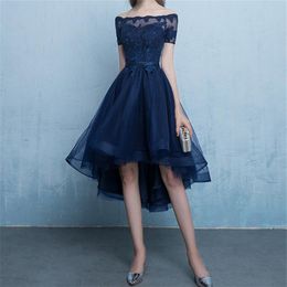 Navy Blue Cocktail Dress Hi Lo Tulle with Applique Short Sleeves Light Grey Black Burgundy Party Gowns Cheap Special occassion dre1950