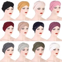 Autumn Winter Women Daily Solid Color Striped Braid Headscarf Beanies Hats Simple Muslim Ladies Party Wrapped Turban Cap Headwear