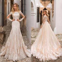 Beautiful Champagne Mermaid Wedding Dresses Off Shoulders Lace Appliques Sheer Long Sleeves Tulle Long Bridal Gowns BC0120237E
