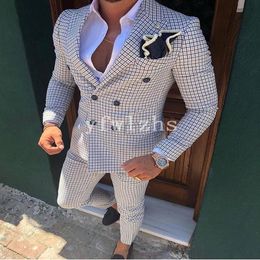 Newest Double-Breasted Groomsmen Peak Lapel Wedding Groom Tuxedos Men Suits Wedding Prom Dinner Man BlazerJacket Tie Pants T100228t