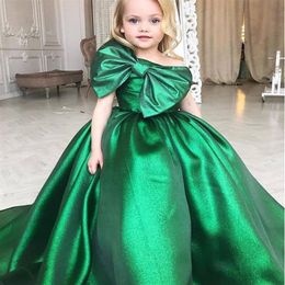 Emerald Green Ball Gown Girl's Pageant Dresses One Shoulder Flower Girls Dress Big Bow First Communion Party Gowns2502