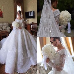 2019 Elegant Long Sleeves Ball Gown Wedding Dresses V Neck Lace Applique Sequins Crystal Beading Custom Made Chapel Wedding Bridal3112