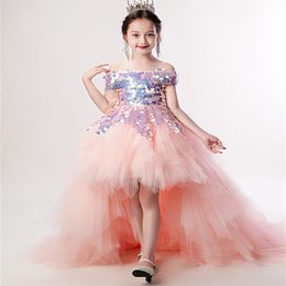 2021 Flower Girl Dress Children Wedding Bridemaid Mermaid Dresses Kids Pink Tutu Sequin Gowns Girl Boutique Party Wear Elegant Fro2877