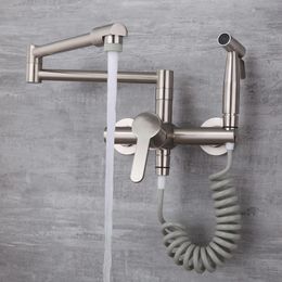 Kitchen Faucet Solid Brass Hot & Cold Sink Mixer Taps With Spray Gun Wall Mounted Rotation Foldable Nickel/Chrome