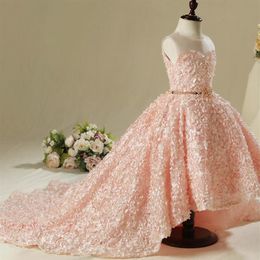 2019 Cute Pink Lace Hi Low Flower Girls Dresses Jewel Ball Gown With Sash Gilrs Pageant Gown First Communion Dresses287n