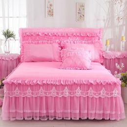Bed Skirt Princess 1 Piece Lace Bed Skirt 2 Piece Pillowcases Bedding Bedspreads Sheet Pink Lace Bedding Set Bed For Girl Bed Cover 230720