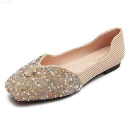 Dress Shoes Lady Knitting Pearlescent Flats Beading Bling Shoes Square Toe Spogy Insole For Tender Feet Wide Fits 43-33 Gold Green Moccasin L230721