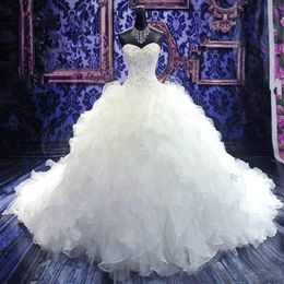 Luxury Beaded Embroidery Bridal Gown Princess Gown Sweetheart Corset Organza Cathedral Train Ball Gown Wedding Dresses Cheap258Q