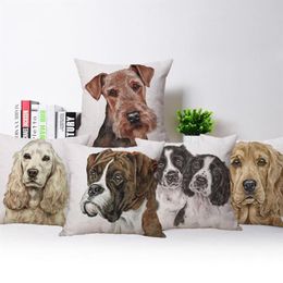 Cushion Decorative Pillow Airedale Terrier Cushion Cover Labrador Dog Collie Pillowcase Decor Beige Linen White Polyester 45X45cm 219A