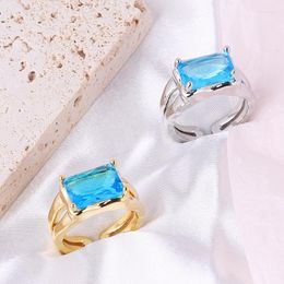 Wedding Rings 18K Real Gold Plated Square Blue Zircon Chunky Geometric Big Crystal CZ Luxury 2023 Engagement
