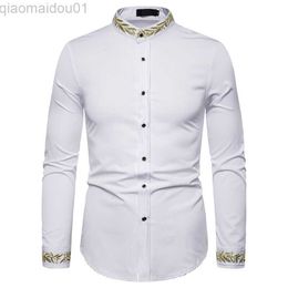 Men's Casual Shirts Men's Hipster Embroidery White Shirts Slim Fit Mandarin Collar Men Dress Shirt Wedding Business Casual Camisa Social Masculina L230721