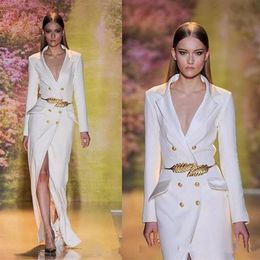 Elie Saab White Split Dresses Evening Wear Sexy Deep V-neck Long Sleeves Formal Prom Gowns Formal Party Dress2398