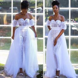 White Jumpsuit Wedding Dresses Bridal Gowns with Detachable Train Vestidos De Novia Sweetheart Pant Suit Short Sleeve Outfit216H