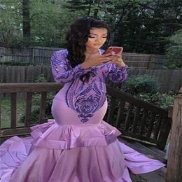 Lilac Purple Sleeves Mermaid Prom Dresses Sexy African Plus Size Evening Gown Black Girl Formal Party Dress332i