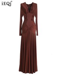Basic Casual Dresses IEQJ High End Pleated Dress For Women Gathered Waist Long Luxury Evening Elegant Female Clothing 2023 Spring 3WQ3685 230720