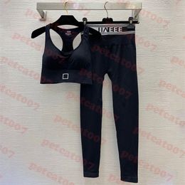 Fashion Womens Yoga Clothes Black Letter Tanks Pants Set Elastic Leggings Sport Underwear Two Colours