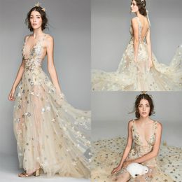 2019 Fairy Prom Dresses Sequins Star Deep V Neck Sweep Train Sleeveless Formal Dress Party Evening robes de soiree Plus Size Eveni272a