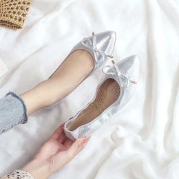 Dress Shoes gold/silver sequines cloth bowtie ballet flats women pointed toe metal decoration foldable shoes cozy slip on moccasins women L230721