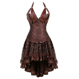 steampunk bustier corset dress plus size black brown zipper black faux leather corset with skirt gothic punk burlesque pirate329l