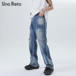 Men's Jeans Una Reta Streetwear Retro Clothing Hip Hop Raw Edge Stitching Design Denim Pants Harajuku Zipper Trousers 230720