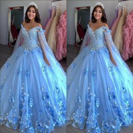 Light Blue New Sweet 16 Dresses Ball Gowns Hand Made Flowers Beaded Applique Vestidos De Quinceanera Dress With Wraps Prom Pageant2723