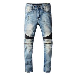 Men Draped Ripped Skinny moto Biker Holes Washed ZipperJeans Destroyed Straight pants Slim Fit Denim Scratched Overalls Jean266t