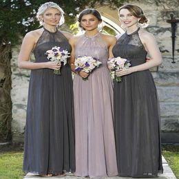 Custom Made Dark Grey Chiffon Long Bridesmaid Dresses Beach Garden Romantic Lace Wedding Guest Dresses Halter Maid of Honour Gowns257f