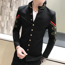 4 Color Gold Button Chinese Collar Suit Jacket Slim Fit Mens Blazer Pattern Army Pilot Jacket Men Black Blue Red White Blazer245B