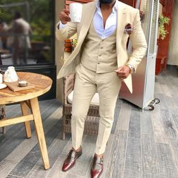 Mens Suits Slim Fit 3 Pieces Beige Business Groom Jacket Tuxedos Blazer Suits for Wedding Prom EveningBlazer Pants Vest ZQ2686