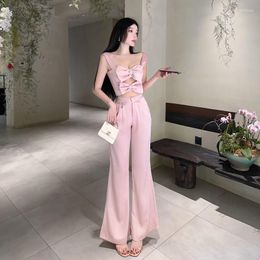 Women's Two Piece Pants Sweet Pink Set Women Summer Sexy Hollow Bow White Satin Top Wide Leg Trousers Luxury 2 Elegant Pretty Party Gown