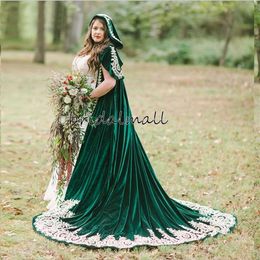 Winter Dark Green Velvet Wedding Cloak With Hood Lace Appliques Long Bridal Cape Bolero Wrap Wedding Accessories2998