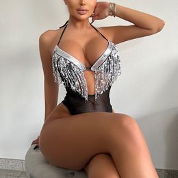 Suits Sexy Tassel Swimsuit Women Shiny Sequin Designer Push Up Backless Swimwear Backless Black Mesh Bathing Suits 230720