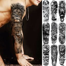 Black Lion Animal Temporary Tattoos For Man Adult Realistic God Skeleton Warrior Tiger Tattoo Sticker Washable Hand Large Tatoos