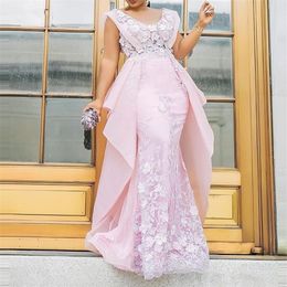 Chic Pink deep v neck Mermaid Prom Dresses Lace applique backless Women Formal Dress Custom Made Plus Size Evening Gowns 2021202v